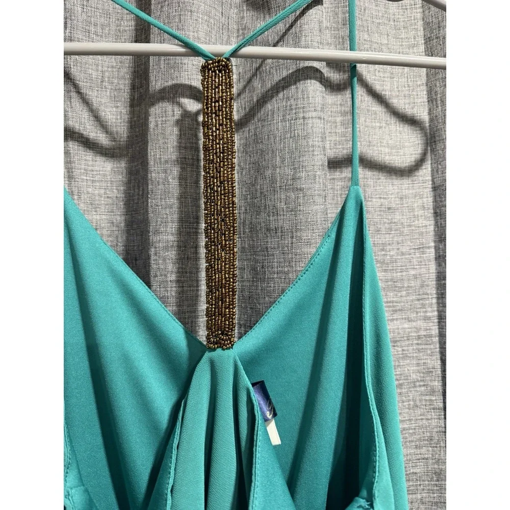 Blue Rain Women's‎ L Solid Teal Lined Dress Beaded Copper Back Strap Sleeveless